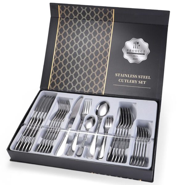 30-piece stainless steel cutlery set in gift box, includes knives, forks, spoons