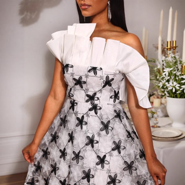 O1CN010n8Hxu1mNURCJ0ld8_2550074942-0-cib-1.jpg Elegant One-Shoulder Party Dress with Sparkly Floral Appliqué and Ruffle Detail