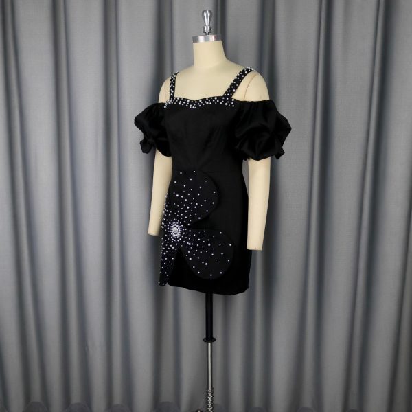 Chic Black Party Dress &  Sparkly Floral Mini with Bubble Sleeves & Thin Straps