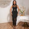 Sleeveless Mesh Patchwork Bodycon Dress  High Neck, Fringe Hem, Party Elegance