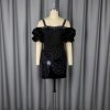 Chic Black Party Dress &  Sparkly Floral Mini with Bubble Sleeves & Thin Straps