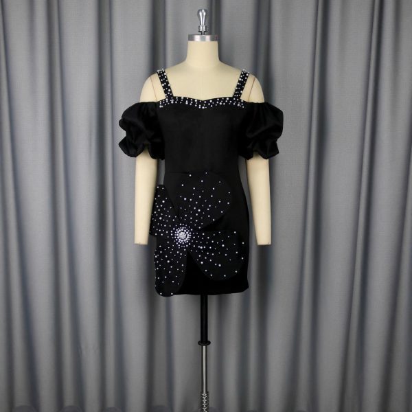 Chic Black Party Dress &  Sparkly Floral Mini with Bubble Sleeves & Thin Straps