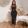 Sleeveless Mesh Patchwork Bodycon Dress  High Neck, Fringe Hem, Party Elegance