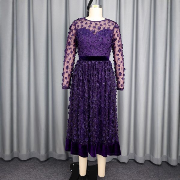 O1CN01qlGvhV1mNURRnAE0C_2550074942-0-cib.jpg Round Neck Sheer 3D Plum Blossom Long Sleeve Dress Velvet Waist A-Line